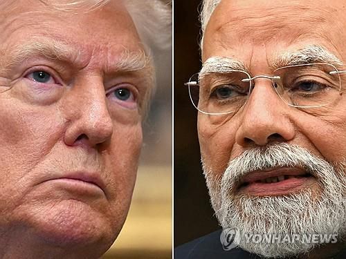 트럼프와 모디(AFP=연합뉴스 자료사진) 2025년 7월 30일 워싱턴DC에서 촬영된 도널드 트럼프(왼쪽) 미국 대통령과 7월 21일에 뉴델리에서 촬영된 나렌드라 모디(오른쪽 인도 총리의 모습을 나란히 배치한 사진. (Photo by Jim WATSON and Sajjad HUSSAIN / AFP) 2025.8.27.