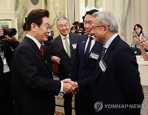 이재명 대통령, 젠슨 황 엔비디아 최고경영자와 악수(워싱턴=연합뉴스) 홍해인 기자 = 이재명 대통령이 25일(현지시간) 미국 워싱턴DC 윌라드 호텔에서 열린 한미 비즈니스 라운드 테이블에서 젠슨 황 엔비디아 최고경영자와 악수하고 있다. 2025.8.26 hihong@yna.co.kr