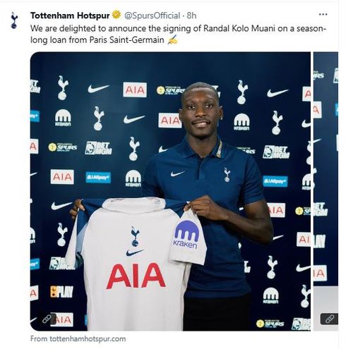랑달 콜로 무아니의 한 시즌 임대 영입 소식을 전한 토트넘.[토트넘 구단 SNS. 재판매 및 DB 금지]