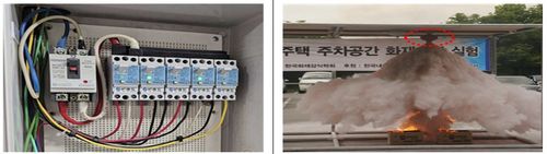 아크 차단기(왼쪽)와 자동확산형 소화기[국토교통부 제공. 재판매 및 DB 금지]