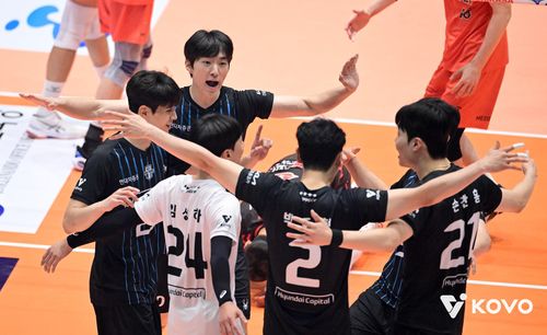 득점 후 기뻐하는 현대캐피탈 선수들[한국배구연맹 제공. 재판매 및 DB 금지]