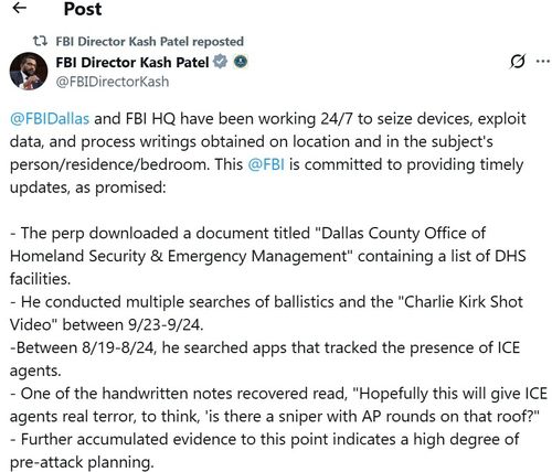 캐시 파텔 FBI 국장이 엑스에 올린 글 [X 게시물 캡처. 재판매 및 DB 금지]