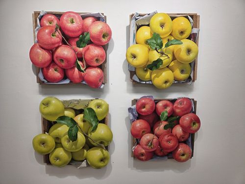 윤병락 개인전 '사계'(서울=연합뉴스) 박의래 기자 = 15일 서울 인사동 노화랑에서 열리고 있는 윤병락 개인전 '사계'에 전시된 사과 그림. 2025.10.16. laecorp@yna.co.kr