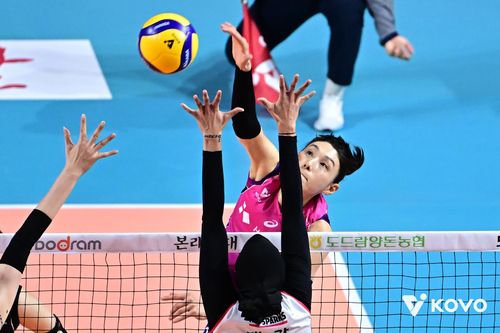 정관장과 챔프전에서 공격하는 흥국생명의 김연경(뒤쪽)[한국배구연맹 제공. 재판매 및 DB 금지]