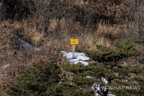 고성 GP에서 관측된 군사분계선 팻말(강원고성=연합뉴스) 지난 2019년 2월 13일 촬영한 강원도 고성 GP에서 관측된 군사분계선 팻말. 2019.2.14 [사진공동취재단] photo@yna.co.kr