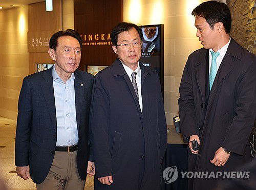 당 대표 오찬 회동 참석한 김석기-이만희 의원(서울=연합뉴스) 류영석 기자 = 국민의힘 김석기, 이만희 의원이 20일 장동혁 당대표와 3선 의원들의 오찬 회동을 위해 서울 여의도의 한 식당으로 들어가고 있다. 2025.11.20 ondol@yna.co.kr