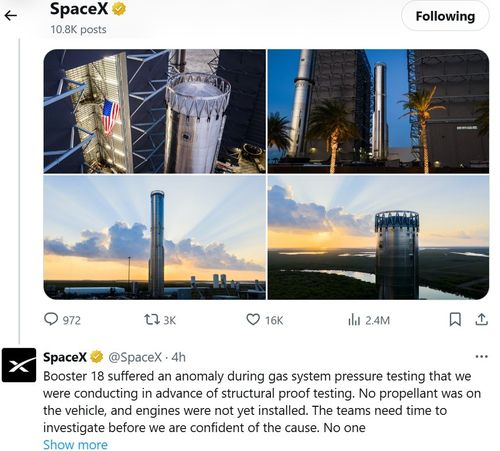 스타십의 새 로켓 부스터 지상 테스트 실패 결과 알리는 스페이스X 게시물[SpaceX X 게시물 캡처. 재판매 및 DB 금지]