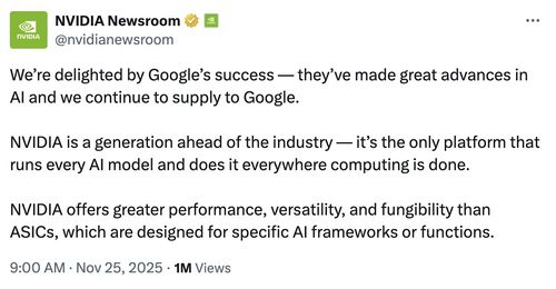 엔비디아가 엑스(X) 공식 계정을 통해 구글을 견제하며 자사 제품이 업계보다 한 세대 앞서 있다고 강조했다. [엔비디아 X 캡처. 재판매 및 DB 금지]
