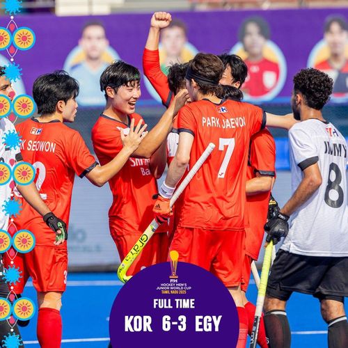 이집트전 승리 후 기뻐하는 한국 선수들. [FIH 소셜 미디어 사진. 재판매 및 DB 금지]