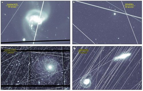 2030년대 말 4개 우주망원경의 관측 이미지 시뮬레이션 모습2030년대 말까지 인공위성이 56만여기로 늘 경우를 시뮬레이션 결과 허블우주망원경(a)은 관측 이미지의 36.9%, 스피어엑스(b)와 쉰톈(c.Xuntian), 아라키스(d.ARRAKIHS) 우주망원경은 각각 관측 이미지의 96%가 위성 광공해로 손상될 것으로 예상됐다. [Nature, Alejandro S. Borlaff et al. 제공. 재판매 및 DB 금지]