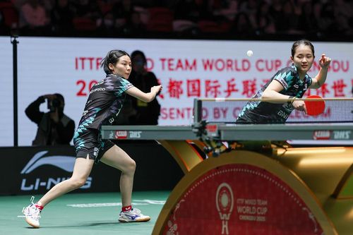 혼성단체 월드컵 혼합복식에 나선 최효주(왼쪽)와 김나영[ITTF SNS 캡처. 재판매 및 DB 금지]