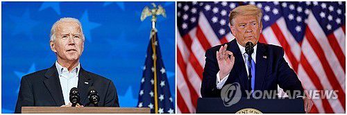 바이든과 트럼프(로이터=연합뉴스 자료사진) 미국 대통령 선거일 다음날인 2020년 11월 5일 선거결과에 대해 발언하는 조 바이든(왼쪽) 미국 민주당 대통령후보와 도널드 트럼프(오른쪽) 미국 대통령 겸 공화당 대통령후보의 모습을 나란히 배치한 합성사진. (REUTERS/Kevin Lamarque/Carlos Barria/File Photo) 2025.12.14.
