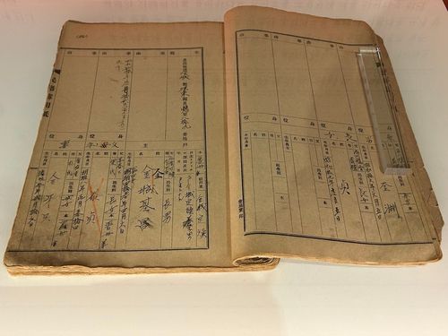 일본식 성을 지운 호적부     (서울=연합뉴스) 김예나 기자 = 18일 서울 광화문 대한민국역사박물관에서 개막한 '1945-1948 역사 되찾기, 다시 우리로' 특별전에서 1940년대 호적부가 전시돼 있다. 광복이 된 이후 일본식 성을 붉은 줄로 지우고, 그 위에 원래 우리 성을 다시 적은 모습을 볼 수 있다. 2025.11.18     yes@yna.co.kr