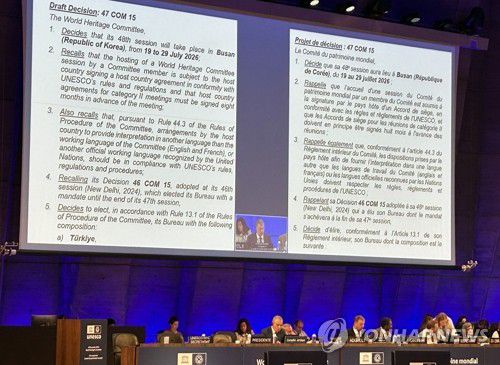 내년 세계유산위원회, 부산서 열린다(파리=연합뉴스) 김예나 기자 = 15일(현지시간) 프랑스 파리 유네스코 본부에서 제47차 세계유산위원회가 열리고 있다. 이날 세계유산위는 차기 개최국으로 대한민국을 확정했다. 제48차 위원회는 내년 7월 19∼29일 부산에서 열릴 예정이다. 2025.7.16 yes@yna.co.kr