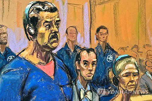 법정에 출두한 마두로 대통령 부부를 그린 삽화 [로이터=연합뉴스. 재판매 및 DB 금지]