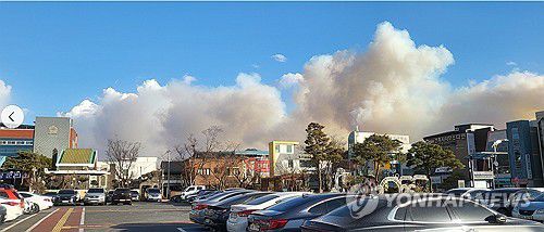 의성군서 산불 확산(의성=연합뉴스) 10일 오후 3시 14분께 경북 의성군 의성읍 비봉리 산에서 불이 나서 연기가 읍내로 확산하고 있다. 2026.1.10 [독자 제공, 재판매 및 DB 금지] sunhyung@yna.co.kr