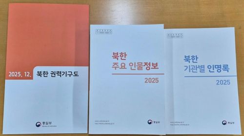 통일부가 13일 배포한 '북한 주요 인물정보 2025' 등(서울=연합뉴스) 하채림 기자 = 통일부가 '2025.12. 북한 권력기구도', '북한 주요 인물정보 2025', '북한 기관별 인명록'을 발간했다고 13일 밝혔다. 이들 자료는 통일부가 작년 12월 말까지 북한 관영매체 보도 등 공개자료로 확인된 사항을 기준으로 북한 당·정·군 조직의 직제 개편 및 구성원 변화 사항을 반영한 것이다.