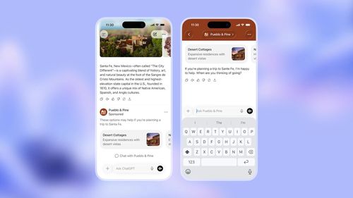 오픈AI가 16일(현지시간) 공개한 챗GPT 내 광고의 예시 화면. 뉴멕시코주 산타페 여행과 관련한 대화 아래 별장 광고가 표시되고 있고, 해당 별장에 대해 대화를 이어갈 수 있는 화면도 보인다. [오픈AI 제공. 재판매 및 DB 금지]