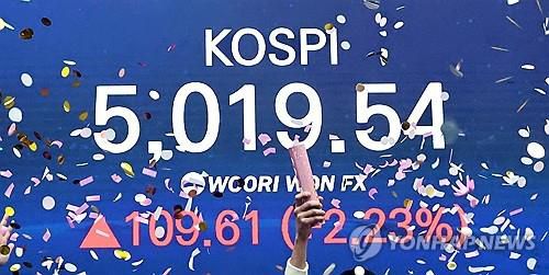 코스피, 장중 사상 첫 5,000선 돌파    (서울=연합뉴스) 김인철 기자 = 코스피 지수가 장중 사상 처음으로 5,019.54를 기록한 22일 서울 중구 우리은행 본점 딜링룸에서 딜러들이 코스피 지수 5,000선 돌파를 축하하고 있다. 2026.1.22     yatoya@yna.co.kr
