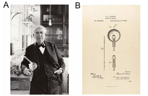 백열전구 시제품을 들고 있는 에디슨(A)과 특허 문서(A) The U.S.National Park Service via WikimediaCommons, ref 211919. (B) Thomas Edison's patent provided by the National Archives 1880. [[ACS Nano, James M. Tour et al. 제공. 재판매 및 DB 금지]