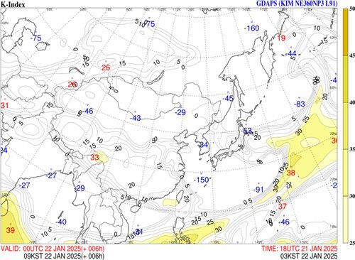 대류 안정도를 나타낸 일기도. 일기도상 수치가 낮을 수록 대기가 안정한 상태이다.