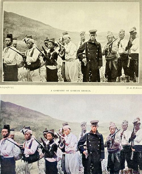 프레더릭 아서 매켄지가 촬영한 무명 의병 13인
위는 매켄지의 책에 실린 실제 사진, 아래는 색감을 입히는 작업을 진행한 결과물이다.