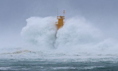 매우 강한 제9호 태풍 '마이삭(MAYSAK)'이 북상 중인 2일 오후 제주 서귀포시 남원읍 남원포구 앞바다에 커다란 파도가 등대를 삼키고 있다. 뉴시스