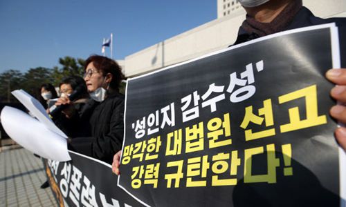 한국여성의전화 등 여성단체 회원들이 26일 오전 서울 서초구 대법원 앞에서 김학의·윤중천 등에 의한 성폭력 사건 대법원 선고에 대한 기자회견을 하고 있다. 연합뉴스