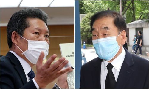 정청래 더불어민주당 의원(왼쪽)과 이재오 국민의힘 상임고문. 연합뉴스