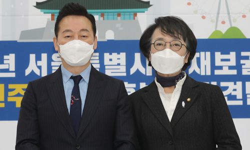 김진애 열린민주당 의원과 정봉주 전 의원이 29일 서울 여의도 국회에서 열린 열린민주당 서울시장 예비후보자 정견발표회에서 기념촬영을 하고 있다. 뉴스1