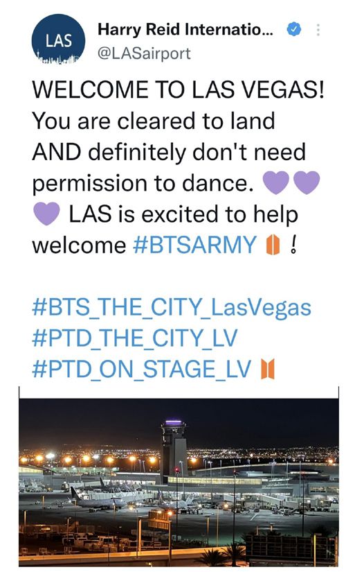 미국 라스베이거스 공항 트위터 계정이 관제탑에 보라색 조명을 켠 사진을 보여주며 BTS 팬들을 환영하고 있다. 트위터 캡처