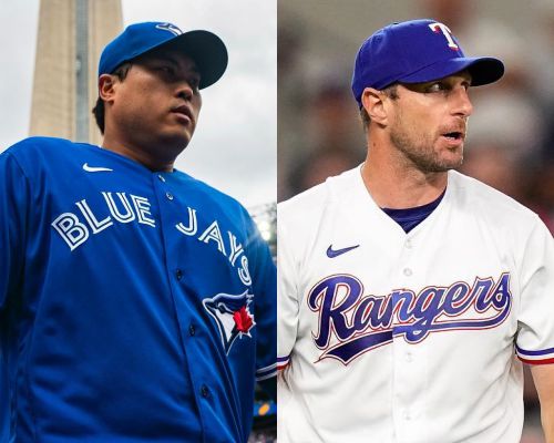 메이저리그에서 첫 맞대결을 펼치는 류현진(왼쪽)과 맥스 슈어저. 사진=토론토 블루제이스 및 텍사스 레인저스 SNS