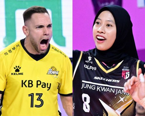 V리그 3라운드 MVP를 수상한 KB손해보험의 안드레스 비예나(왼쪽)과 정관장의 메가왓티 퍼티위. 사진=KOVO 제공