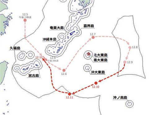 중국 항모 랴오닝함 항해 경로. 붉은색 별인 기타다이토지마. 방위성 보도자료 캡처
