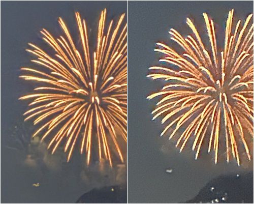 아이폰16프로(왼쪽)와 아이폰14프로로 어두운 환경에서 멀리 있는 불꽃을 촬영한 사진. 아이폰16프로로 촬영한 불꽃이 더욱 선명하다.