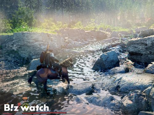 붉은사막은 캐릭터가 강가를 건널 때 물줄기가 튀어오르고 옷에 물방울이 맺히는 장면을 실제처럼 구현했다./사진=왕보경 기자