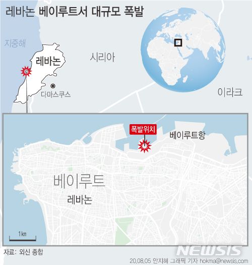 [서울=뉴시스]레바논의 수도 베이루트 항구에서 4일(현지시각) 발생한 대규모 폭발로 약 4000명의 사상자가 발생했다. (그래픽=안지혜 기자)  hokma@newsis.com