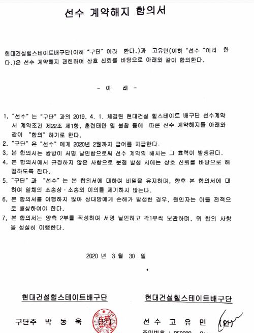 지난 3월30일 작성한 현대건설과 고 고유민의 계약해지합의서. 제공 | 더불어민주당 송영길의원실