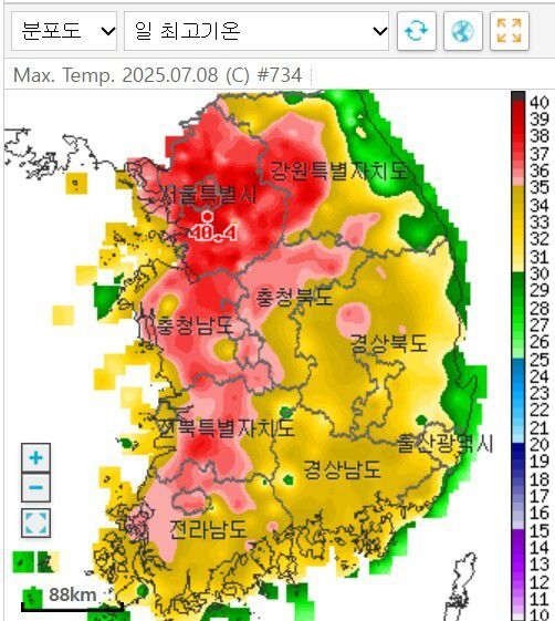 8일 오후 3시40분 기준 전국 일 최고기온 분포도. 40.4도라고 찍힌 곳은 경기 의왕시다. 기상청