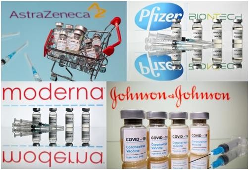 왼쪽 상단부터 시계 방향으로 아스트라제네카, 화이자, 존슨앤존슨, 모더나 신종 코로나 바이러스 감염증 백신. /연합뉴스