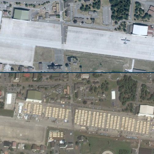 아프간 난민 수용 전후의 유럽 최대 미군 기지인 독일 람슈타인 공군기지 항공 사진. 아래 사진이 난민 수용 후 사진이다. 난민들이 지내는 임시 텐트들이 확인된다. /독일 람슈타인 공군기지 트위터