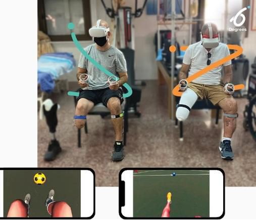 다리를 잃은 군인들이 이스라엘 스타트업인 ‘식스디그리즈’가 개발한 가상 시스템으로 축구를 하면서 환상통을 치료받고 있다. 아래 두 사진은 군인들에게 가상현실로 보이는 화면. 식스디그리즈 홈페이지