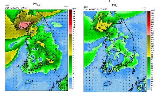 10일 오후 9시 초미세먼지(PM2.5), 미세먼지(PM10) 예상 분포도. 자료 국립환경공단 에어코리아