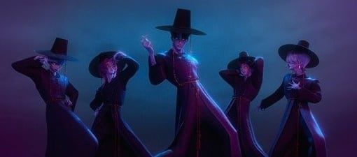 넷플릭스 애니메이션 영화 '케이팝 데몬 헌터스'의 저승사자 모티브 아이돌 그룹 '사자 보이즈'./넷플릭스