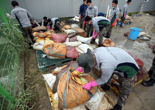 폭우로 마을이 침수됐던 인근 전북 남원시 금지면 한 장어 양만장에서 12일 국군 장병들이 폐사한 장어 처리를 돕고 있다. 남원=연합뉴스