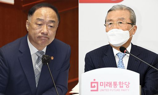 홍남기 경제부총리 겸 기획재정부 장관(왼쪽), 통합당 김종인 비대위원장. 연합뉴스
