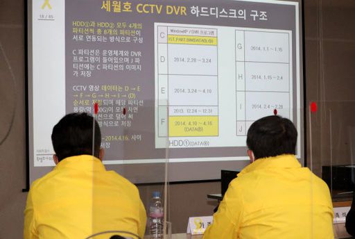 세월호 참사 유가족들이 22일 오전 서울 중구 소공로 포스트타워에서 열린 '세월호 블랙박스' CCTV 조작 관련 특별조사 요청 기자회견에서 세월호 CCTV DVR 하드디스크 구조 설명을 경청하고 있다. 뉴스1
