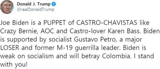 도널드 트럼프 미국 대통령이 트윗을 통해 경쟁자인 민주당 조 바이든 후보를 “카스트로·차베스의 괴뢰”라고 공격한 모습. 트위터 캡처