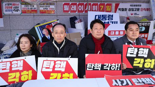 국민의힘 의원들이 17일 서울 종로구 헌법재판소 앞에서 윤석열 대통령 ‘탄핵 각하’를 촉구하는 릴레이 시위를 하고 있다. 뉴스1