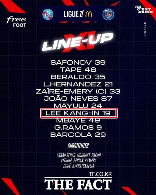 4일 스트라스부르와 원정경기에서 PSG 선발 명단에 이름을 올린 이강인./PSG